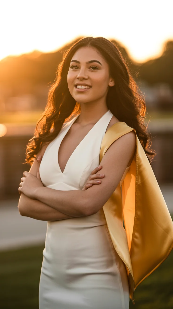 graduation look ideas 2026 Golden Hour Minimalism with a White Graduation Dress