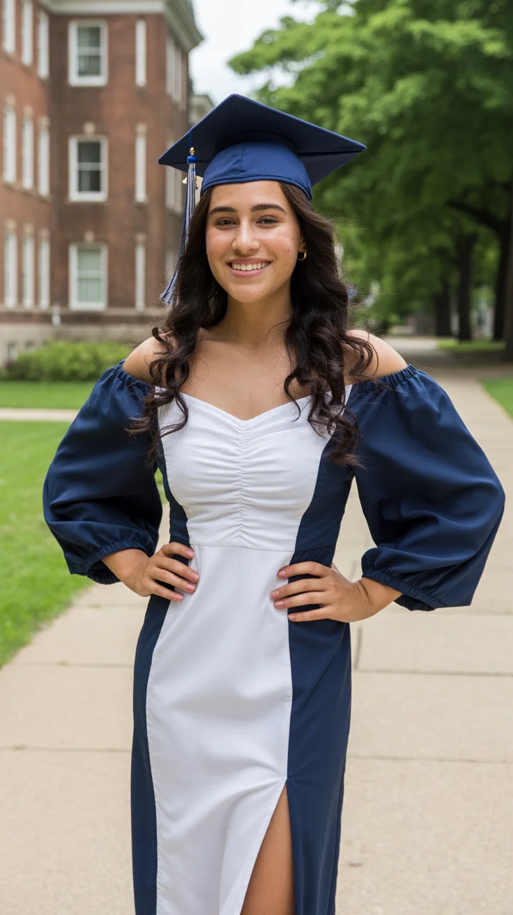 graduation look ideas 2026 Modern Two Tone Graduation Dress with Statement Sleeves