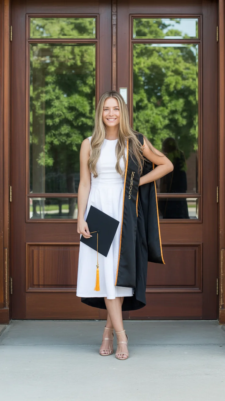 graduation look ideas 2026 Classic White Graduation Dress with Academic Robe