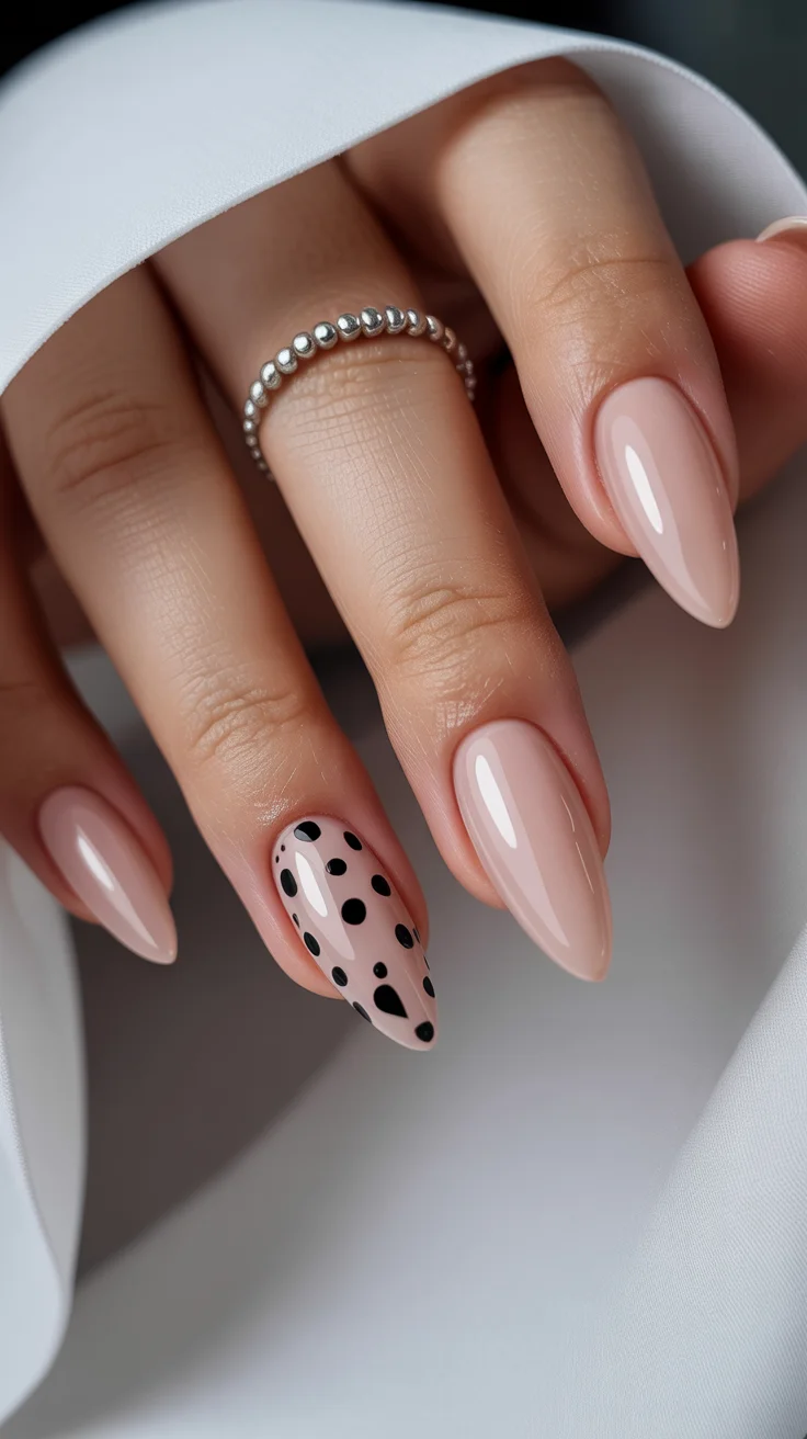 graduation nail color ideas 2026 Soft Nude Almond Nails with Playful Polka Dot Accent