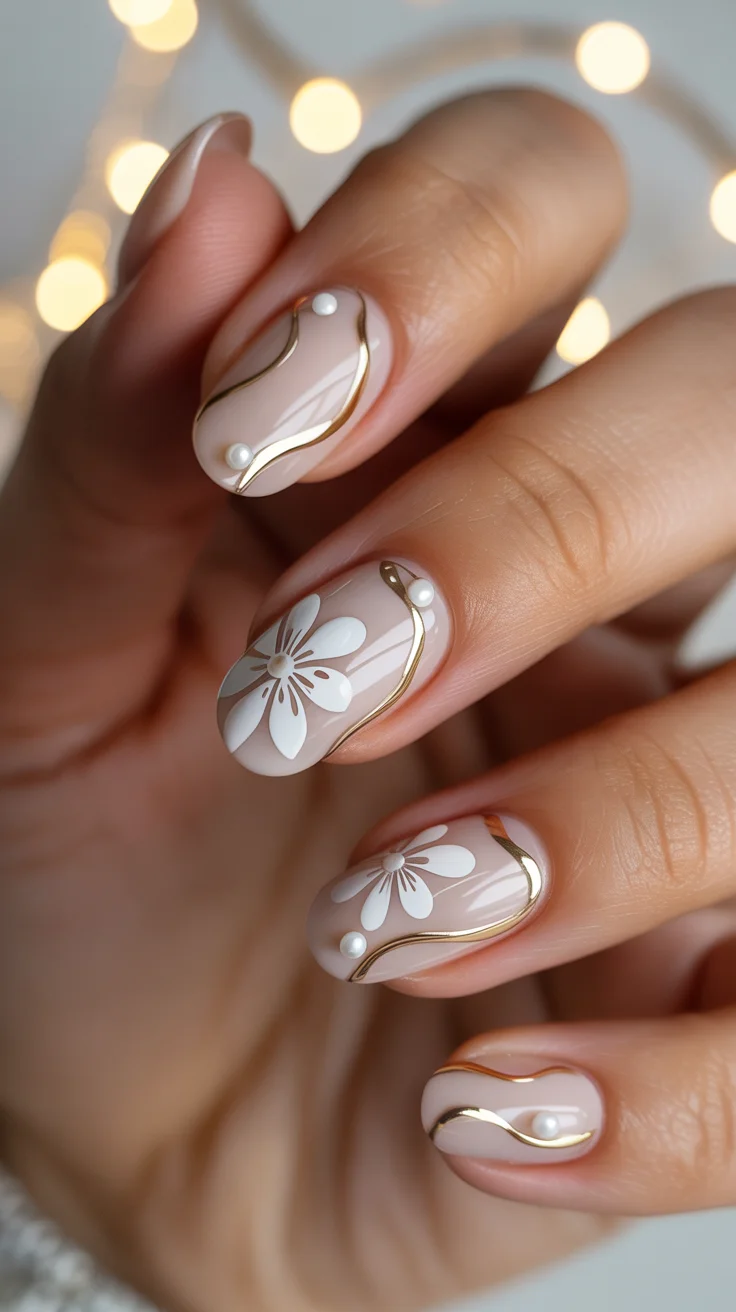 graduation nail color ideas 2026 Delicate Nude Nails with White Florals and Gold Waves