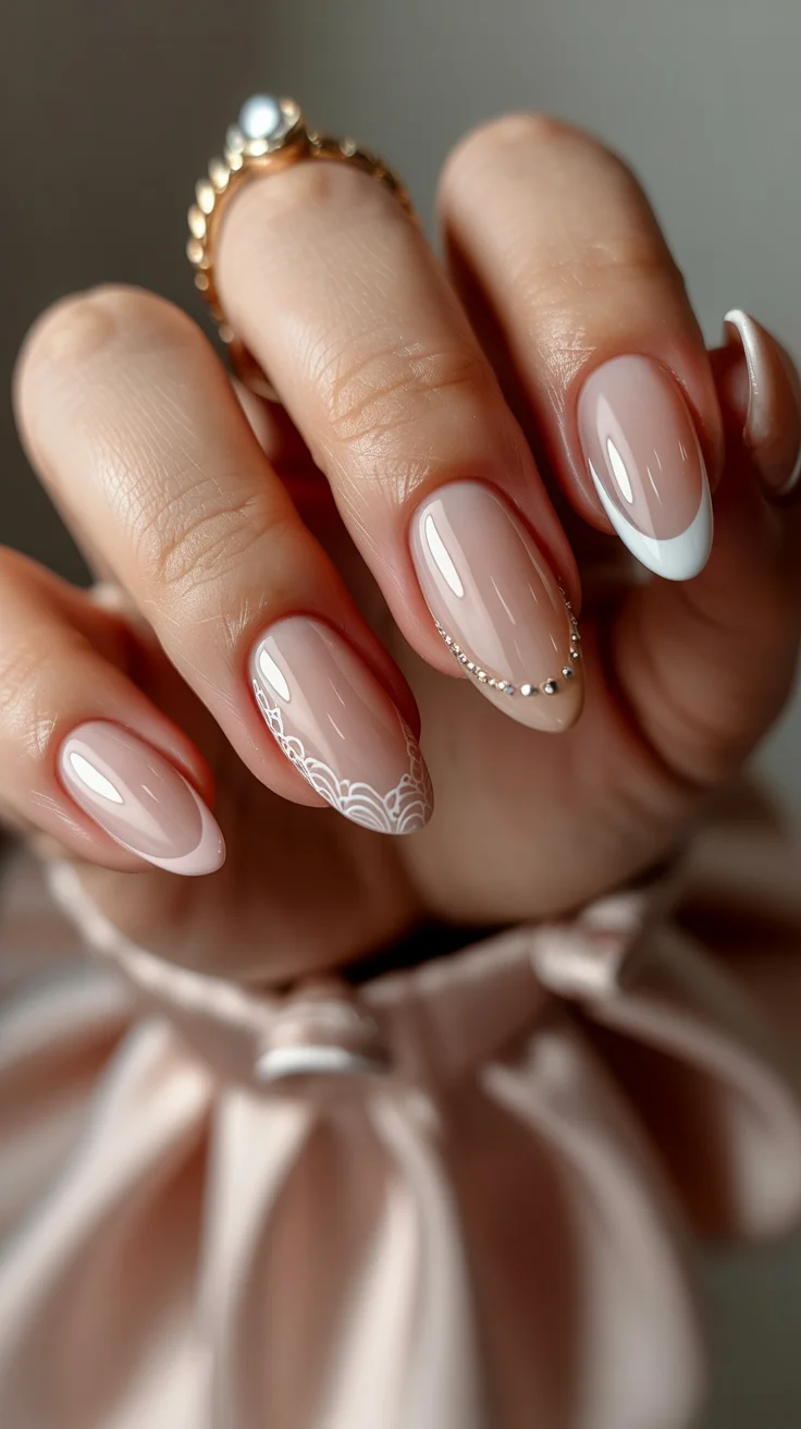 graduation nail color ideas 2026 Elegant Lace French Graduation Nails with Crystal Accents