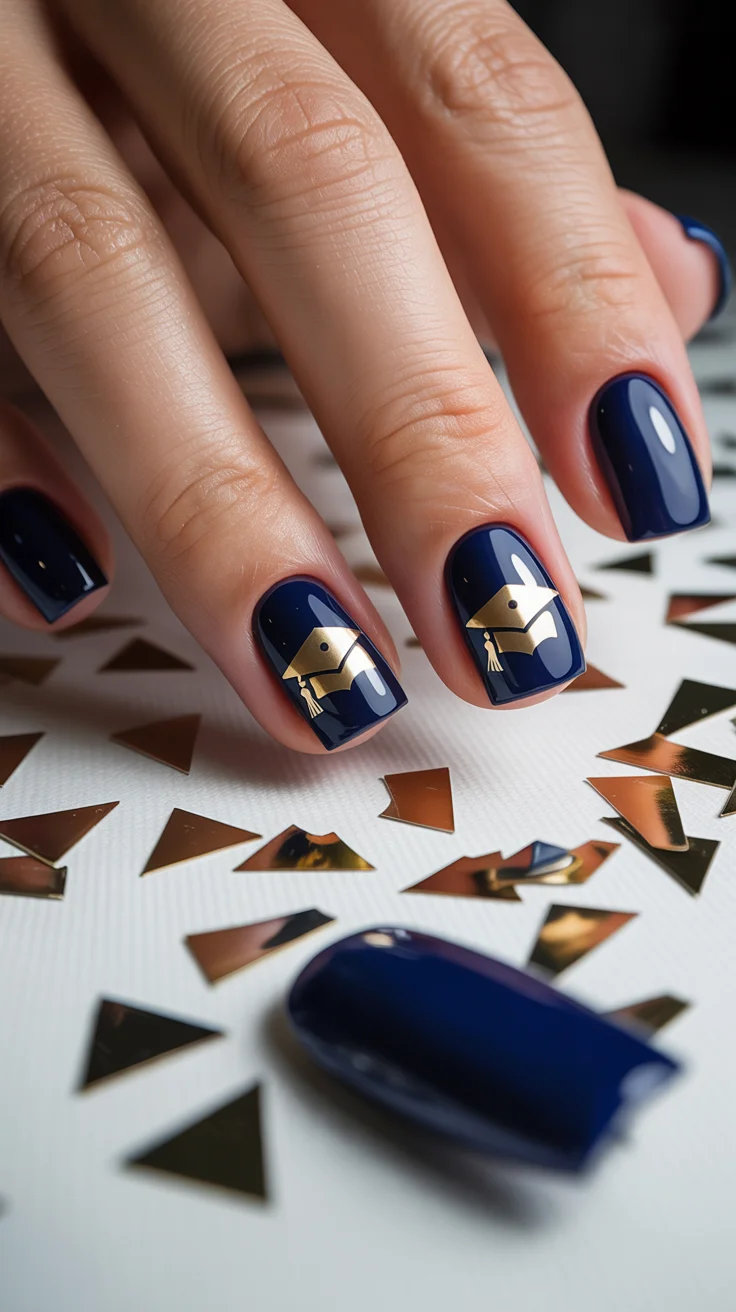 graduation nail color ideas 2026 Midnight Blue Graduation Nails with Gold Cap Details
