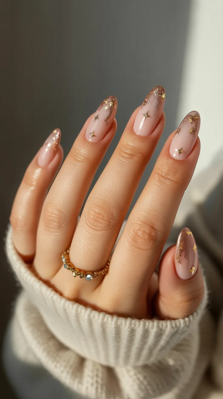 graduation nail color ideas 2026 Champagne Glitter Graduation Nails with Golden Star Accents