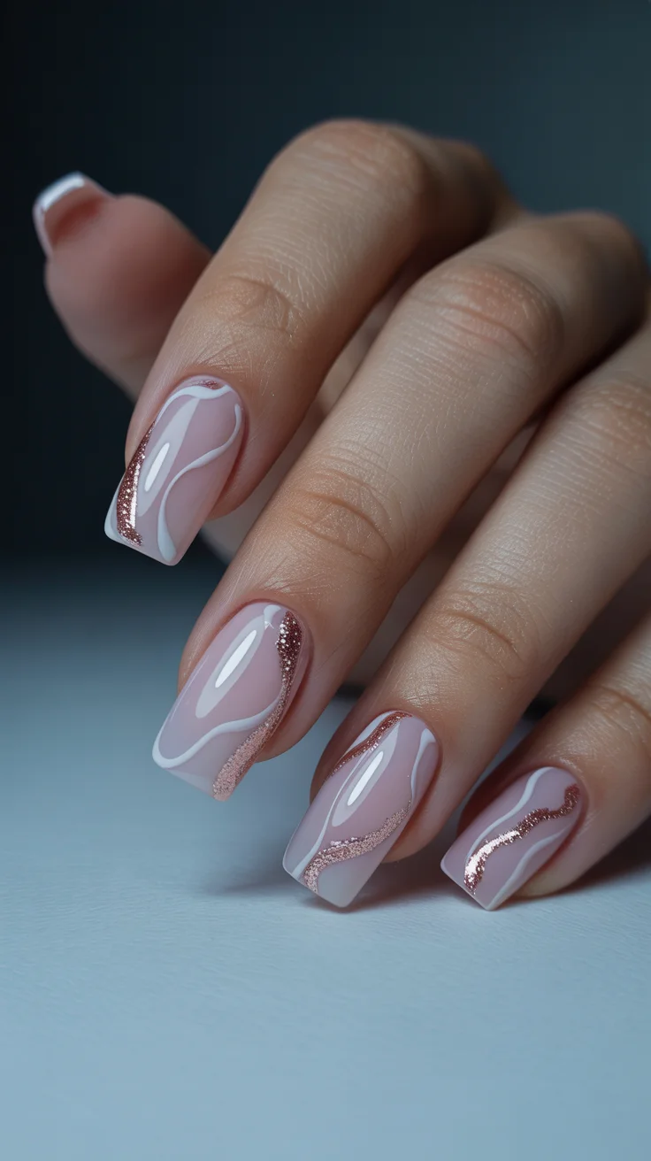 graduation nail color ideas 2026 Soft Pink Graduation Nails with Rose Gold Glitter Waves