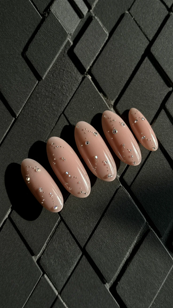 graduation nail color ideas 2026 Nude Graduation Nails with Delicate Crystal Constellations