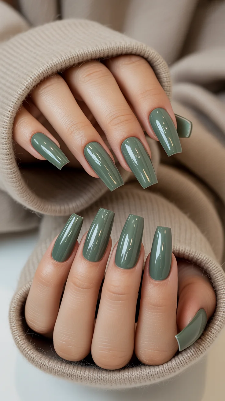 graduation nail color ideas 2026 Muted Sage Green Coffin Nails for a Modern Graduation Style