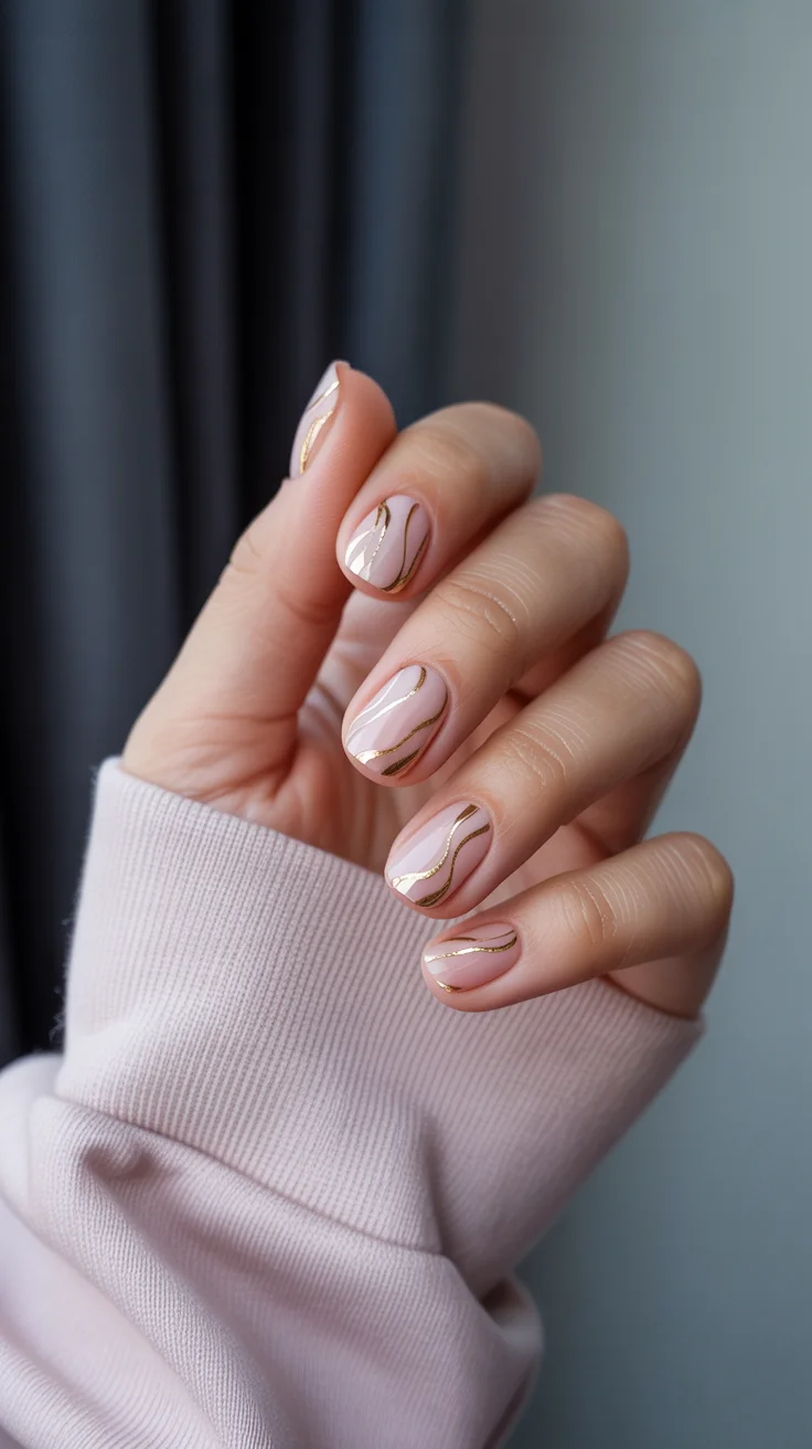 graduation nail color ideas 2026 Minimalist Nude Nails with Fluid Gold Line Art