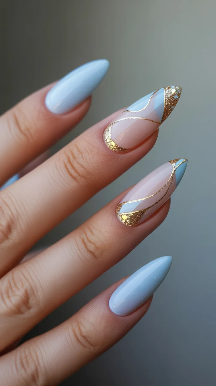 graduation nail color ideas 2026 Powder Blue and Gold Graduation Nails with Elegant Waves