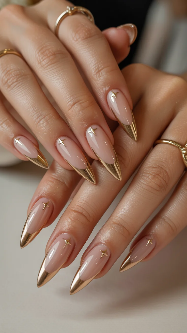 graduation nail color ideas 2026 Gold Tipped Graduation Nails with Star Accents