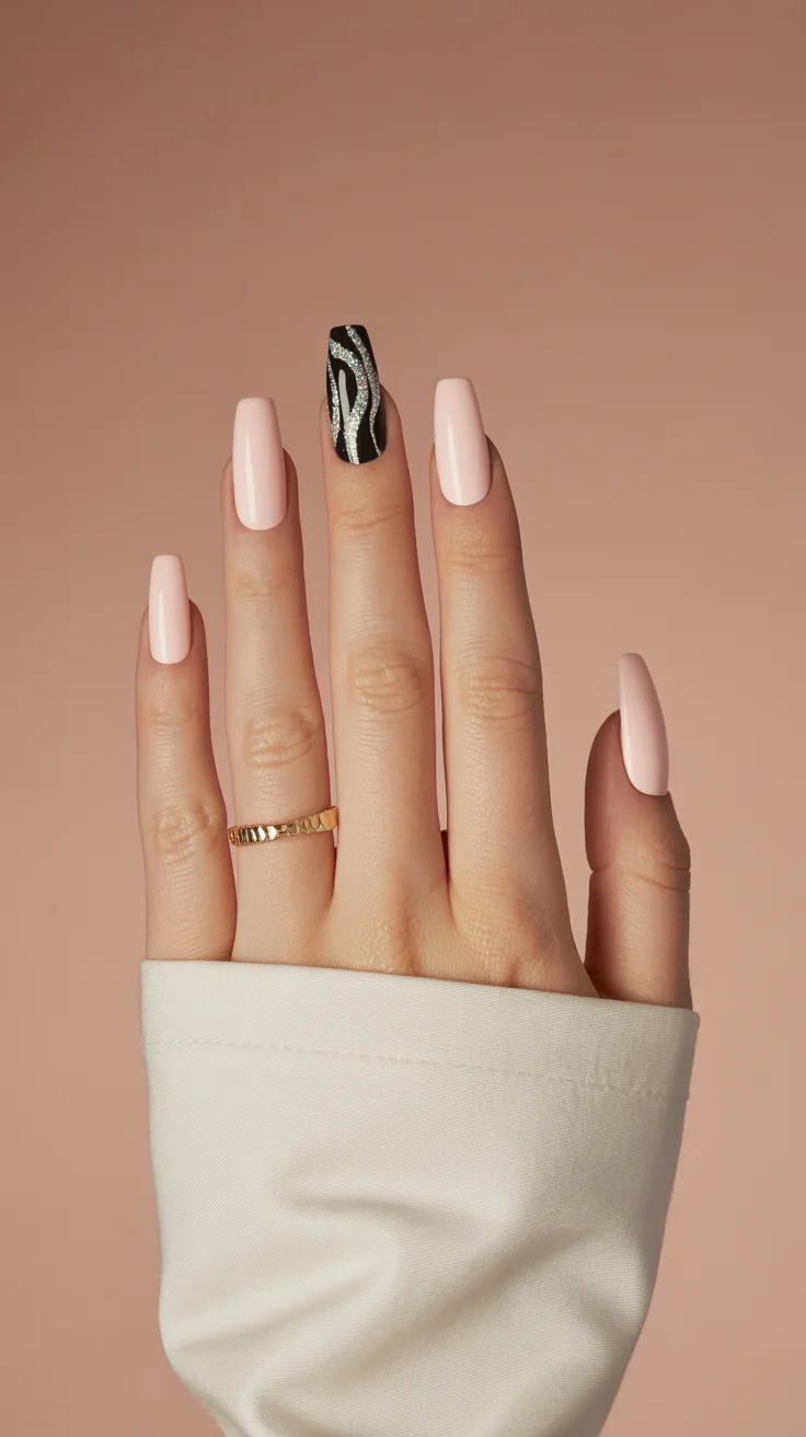 graduation nail color ideas 2026 Minimalist Pink Nails with a Graphic Black Accent