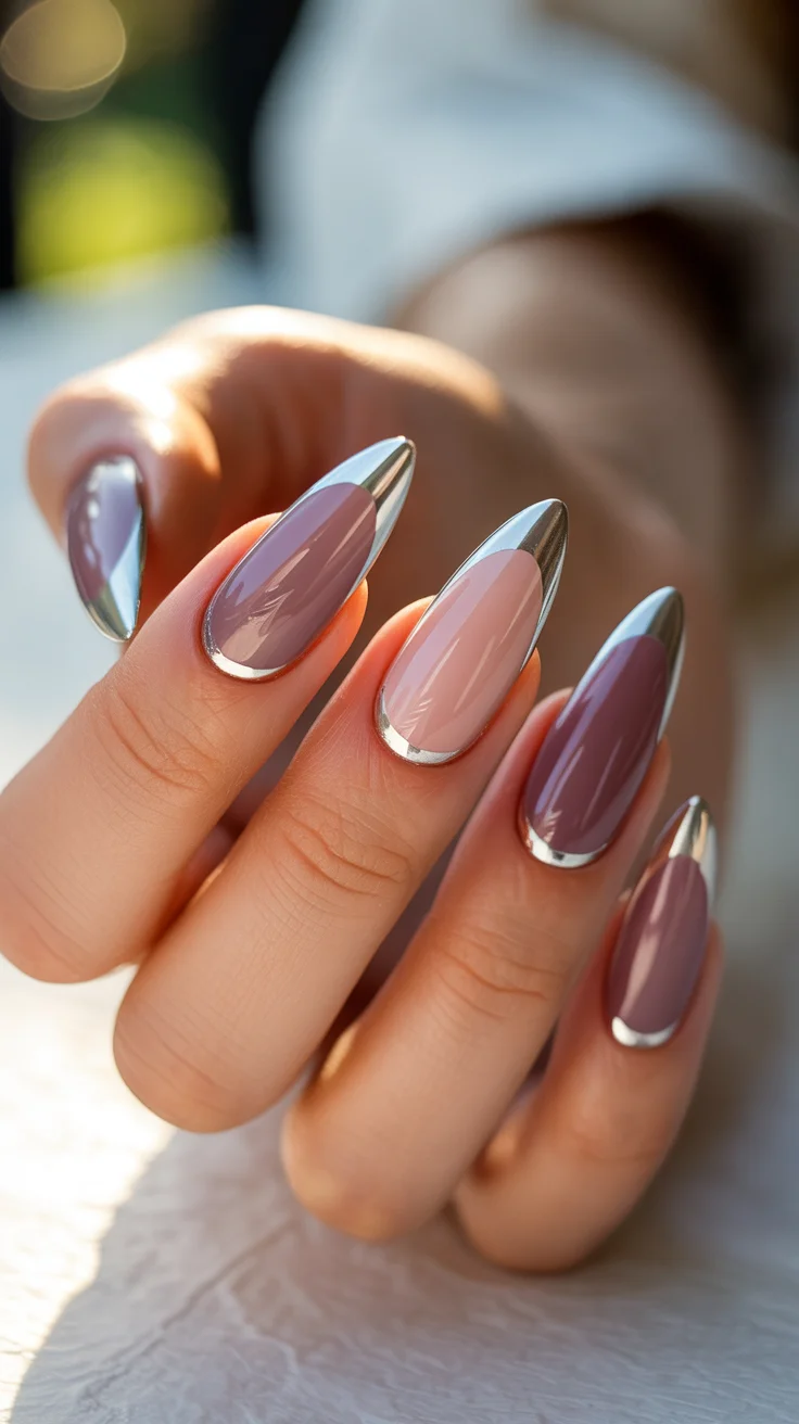 graduation nail color ideas 2026 Chrome-Edged Mauve Almond Nails for a Modern Graduation Look