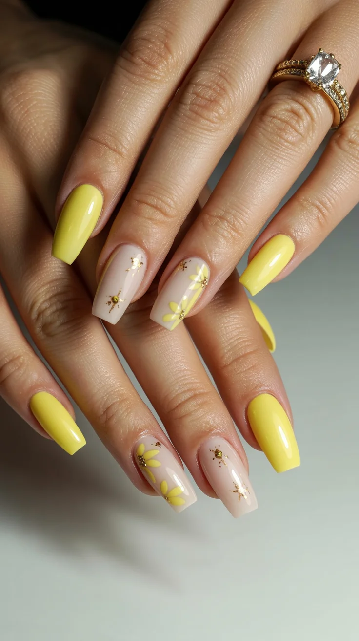 graduation nail color ideas 2026 Sunny Yellow Floral Nails for a Joyful Graduation Celebration