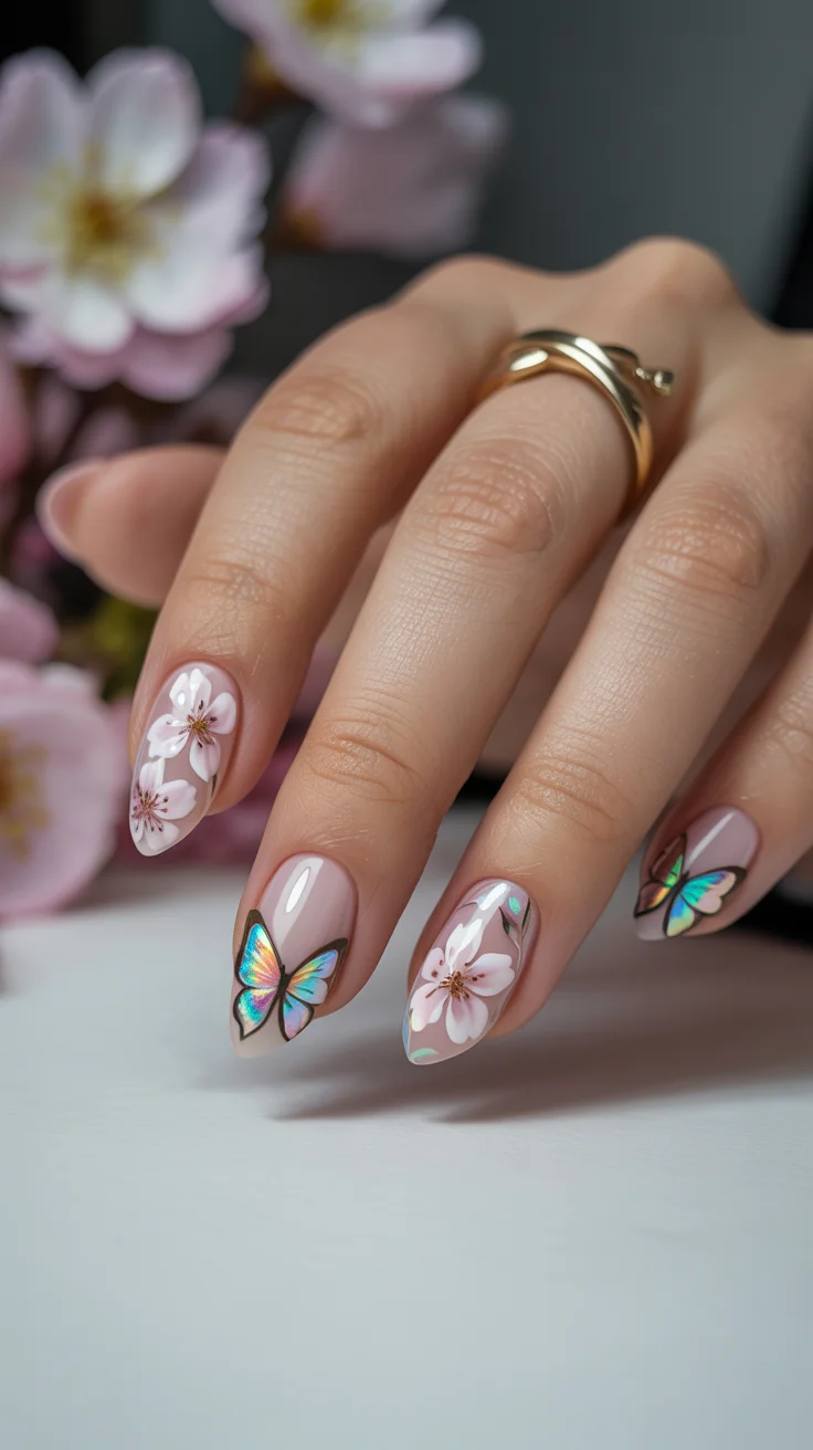 graduation nails ideas 2026 delicate cherry blossom butterfly manicure