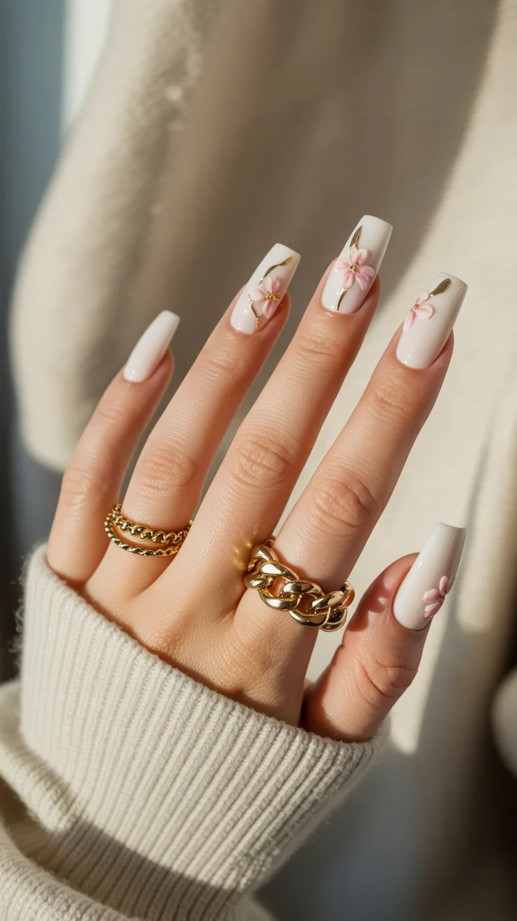 graduation nails ideas 2026 pink floral gold accent manicure