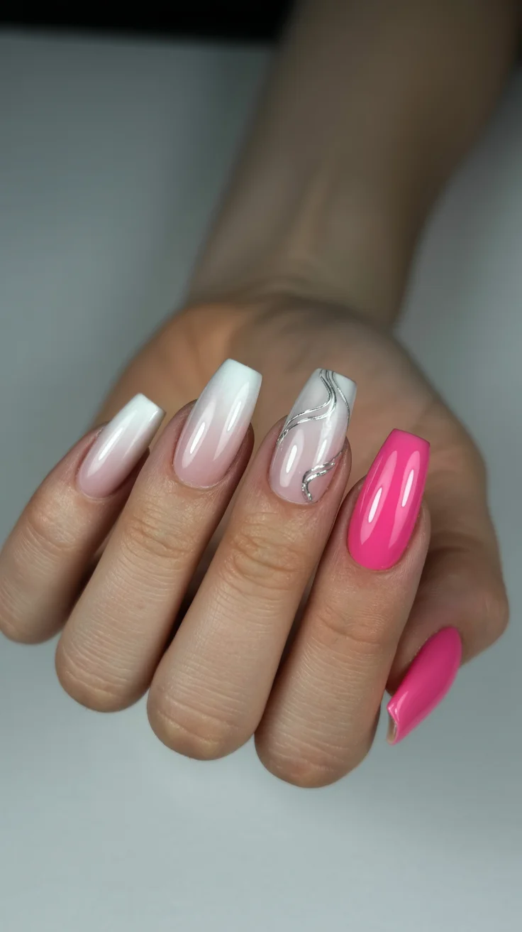 graduation nails ideas 2026 pink and silver accent manicure