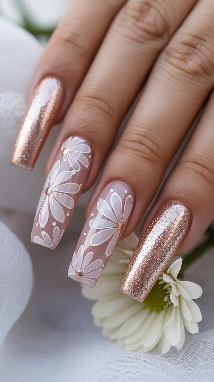 graduation nails ideas 2026 rose gold daisy coffin manicure