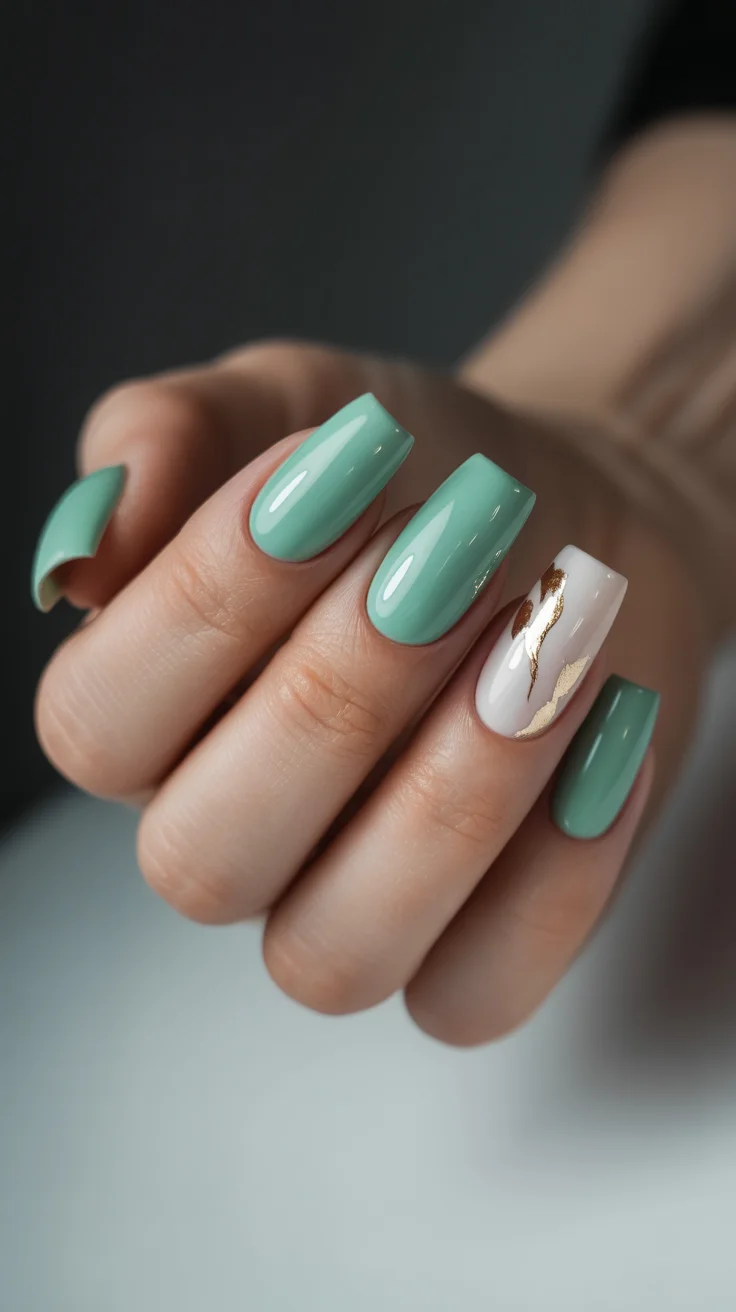 graduation nails ideas 2026 mint nails gold marble accent