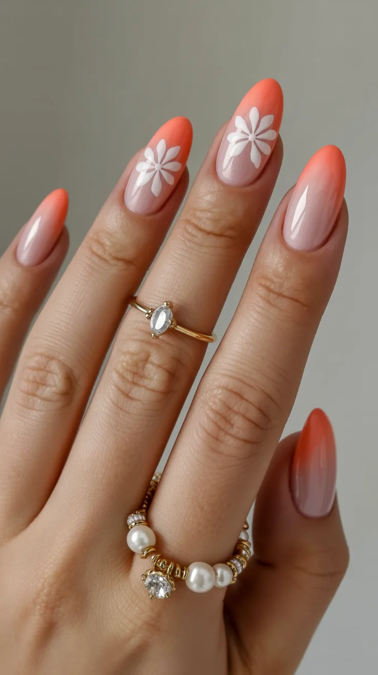 graduation nails ideas 2026 coral ombre floral manicure
