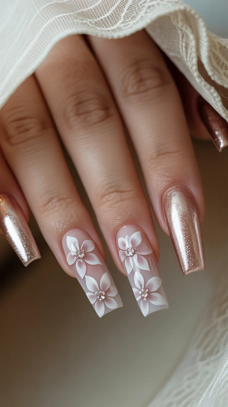 graduation nails ideas 2026 white floral coffin manicure