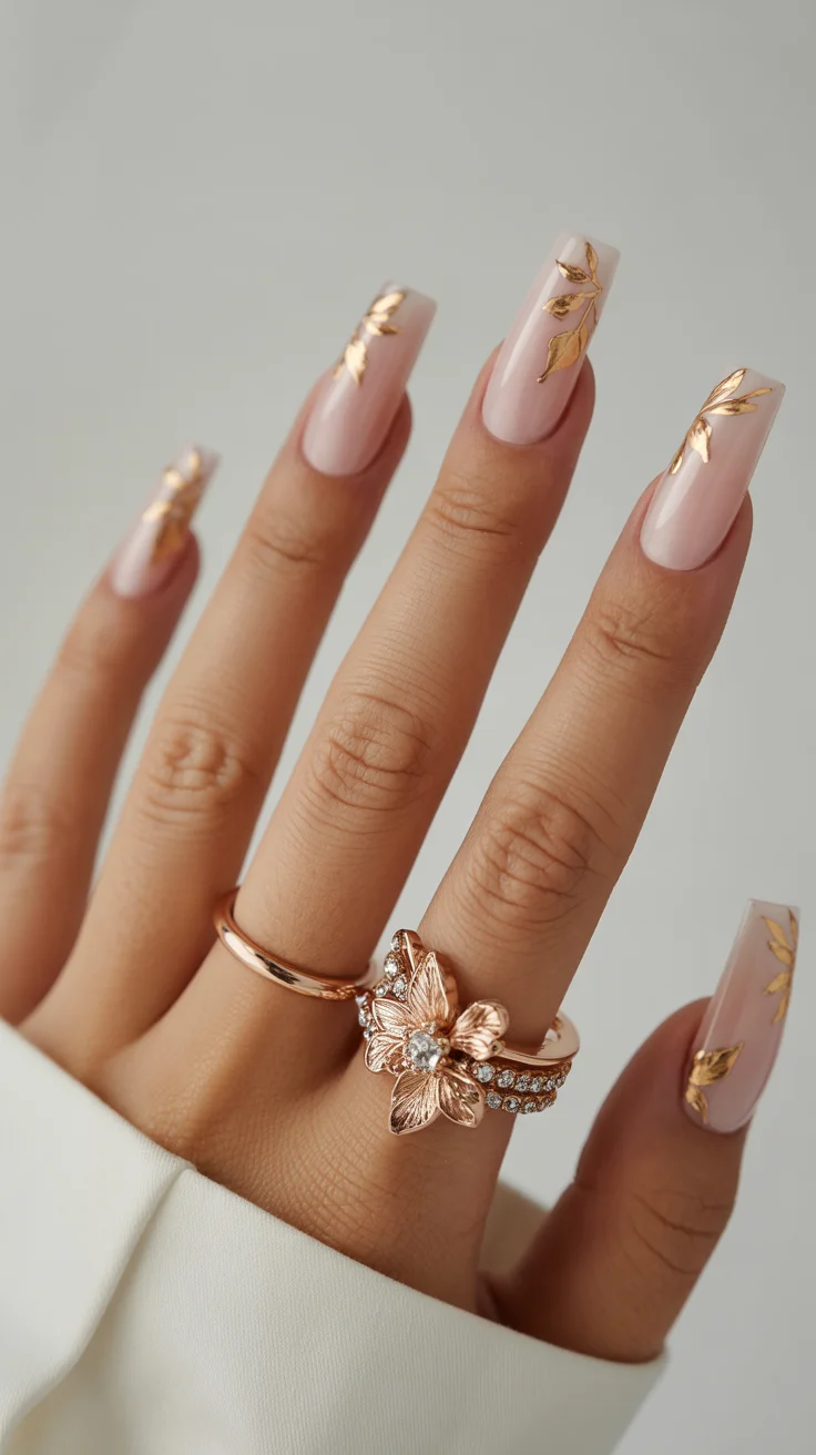 graduation nails ideas 2026 nude nails with gold foil design