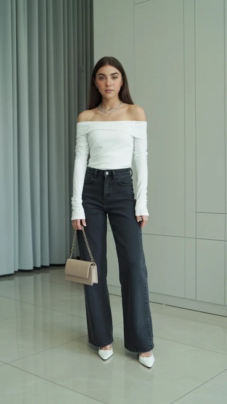 graduation outfit ideas for guest ideas 2026 Minimal Off-Shoulder Elegance with Dark Denim