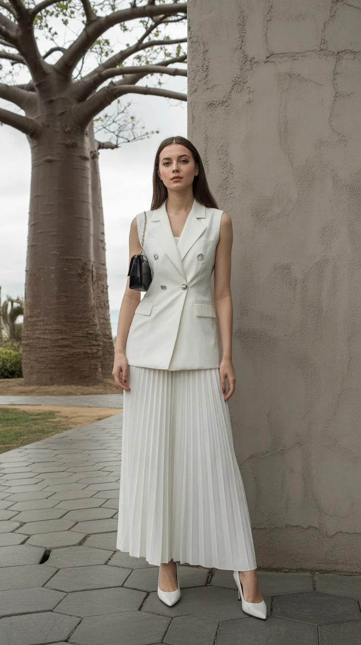 graduation outfit ideas for guest ideas 2026 White Pleated Skirt with Structured Vest