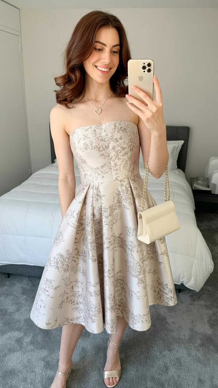 graduation outfit ideas for guest ideas 2026 Romantic Strapless Midi Dress with Delicate Print
