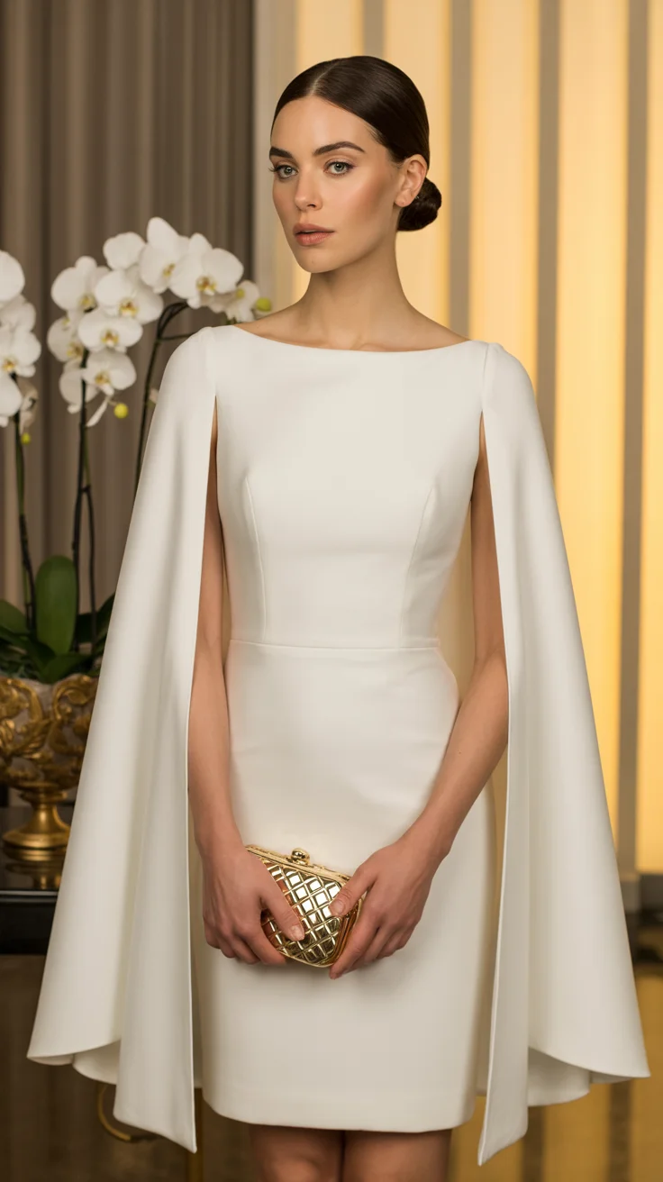 graduation outfit ideas for guest ideas 2026 Minimal Cape Sleeve Dress with Modern Elegance