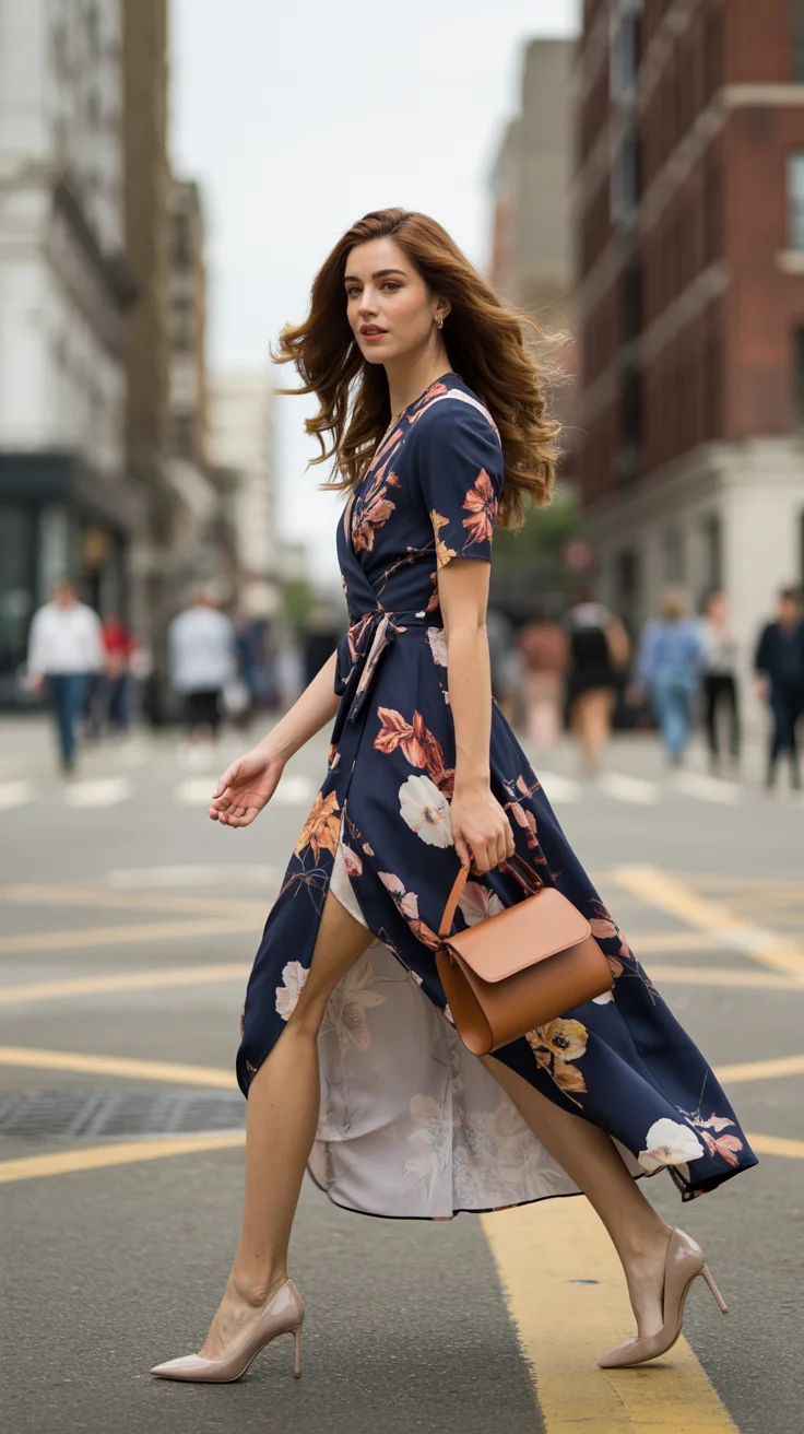 graduation outfit ideas for guest ideas 2026 Flowing Floral Wrap Dress for City Celebrations