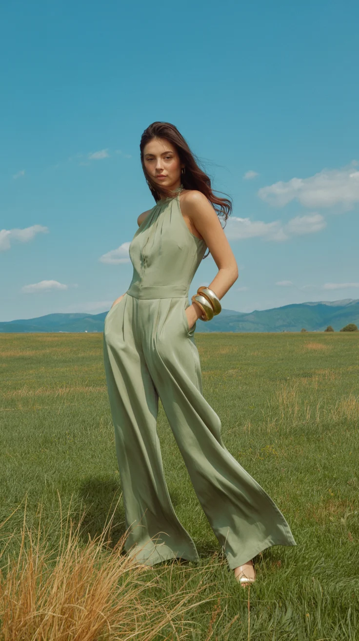 graduation outfit ideas for guest ideas 2026 Soft Sage Halter Jumpsuit for Outdoor Ceremonies