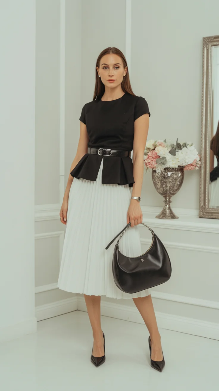 graduation outfit ideas for guest ideas 2026 Modern Monochrome with a Pleated Skirt