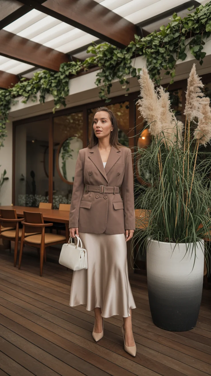 graduation outfit ideas for guest ideas 2026 Soft Neutral Layers with Satin Skirt