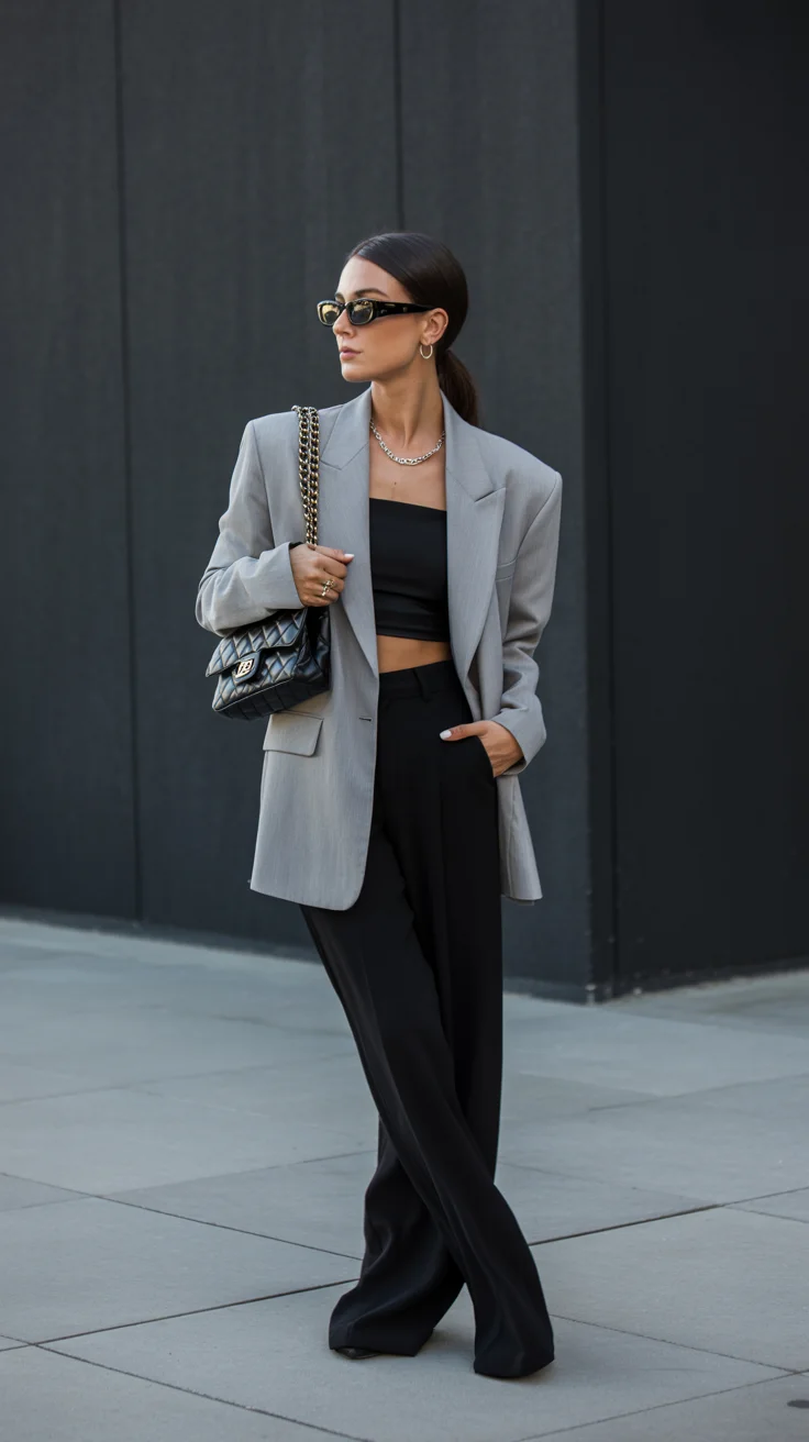graduation outfit ideas for guest ideas 2026 Relaxed Power Blazer with Monochrome Black Layers