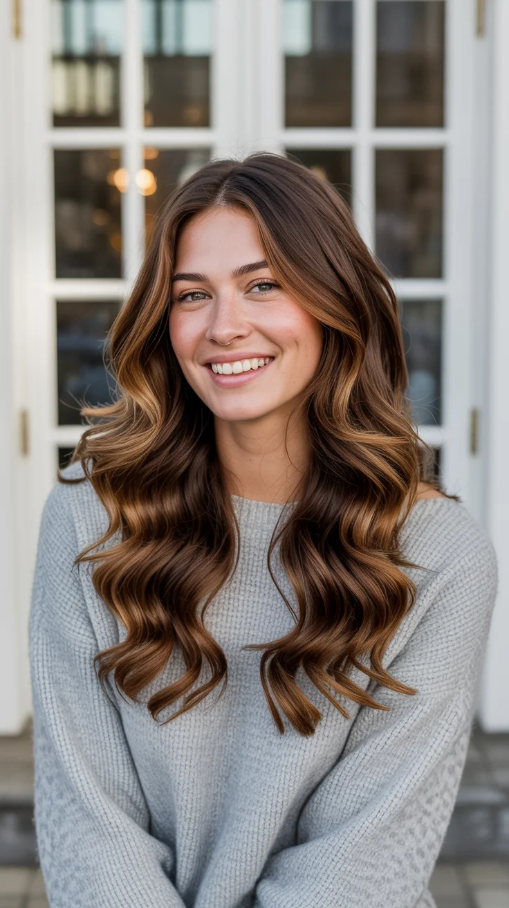 hair color ideas for brunettes summer 2026 Toffee Swirl Highlights with Effortless Volume