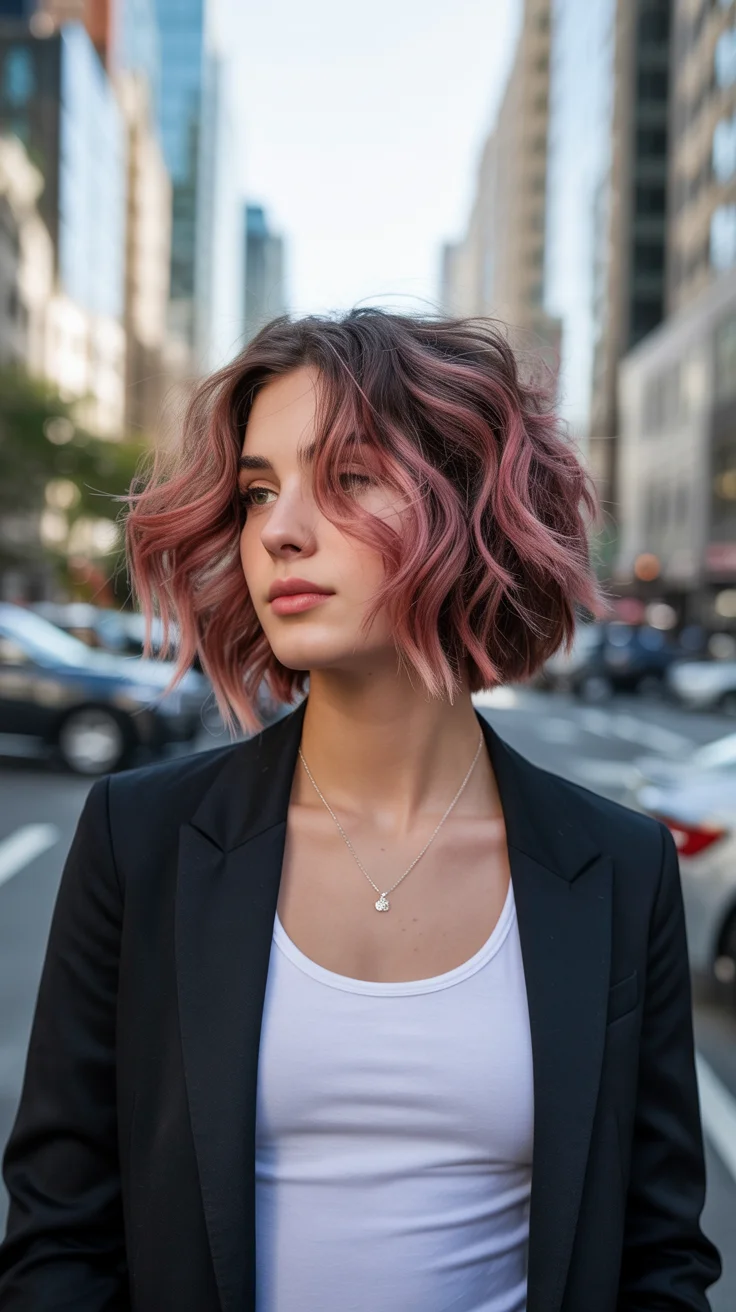 hair color ideas for brunettes summer 2026 Muted Rose Balayage on a Soft Textured Bob