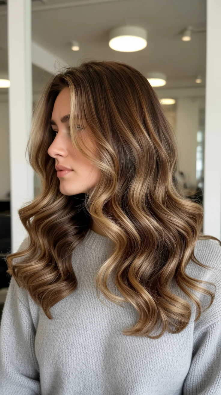 hair color ideas for brunettes summer 2026 Champagne Beige Balayage with Soft Glam Waves