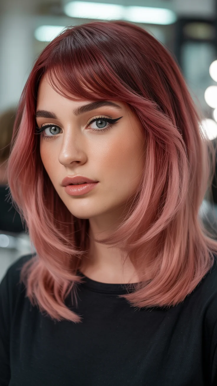 May Hair Color Ideas 2026 Muted Rose Melt with Soft Fringe Layers