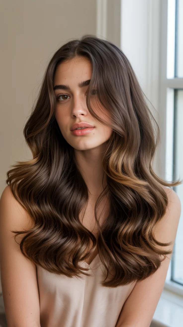 May Hair Color Ideas 2026 Rich Chocolate Waves with Caramel Dimension