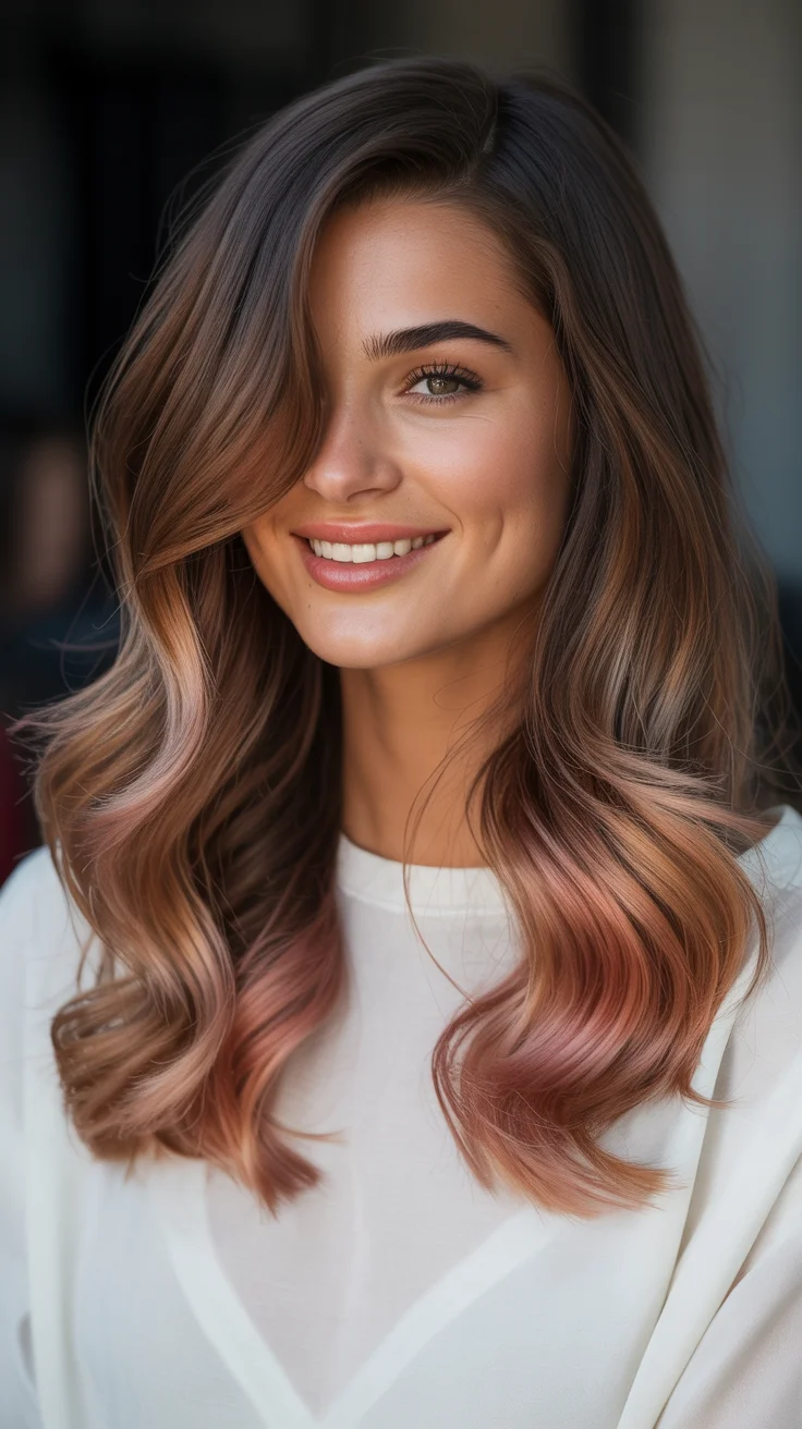 May Hair Color Ideas 2026 Soft Rose Balayage on Glossy Brunette Waves