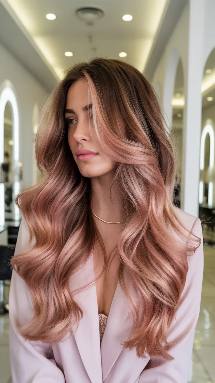 May Hair Color Ideas 2026 Rosé Champagne Waves with Glossy Finish