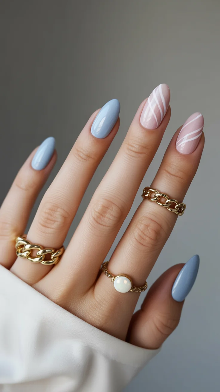 May Nails Ideas 2026 Soft Blue Minimalism with a Whisper of Lines