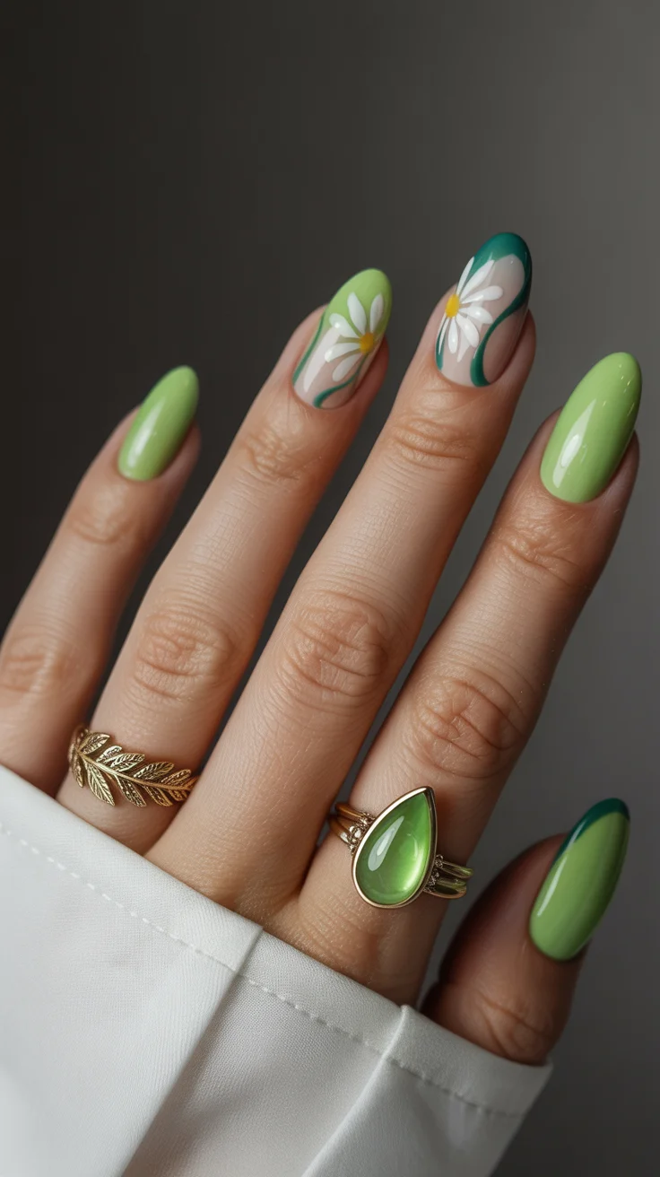 May Nails Ideas 2026 Fresh Green Gloss with Bold Daisy Accents