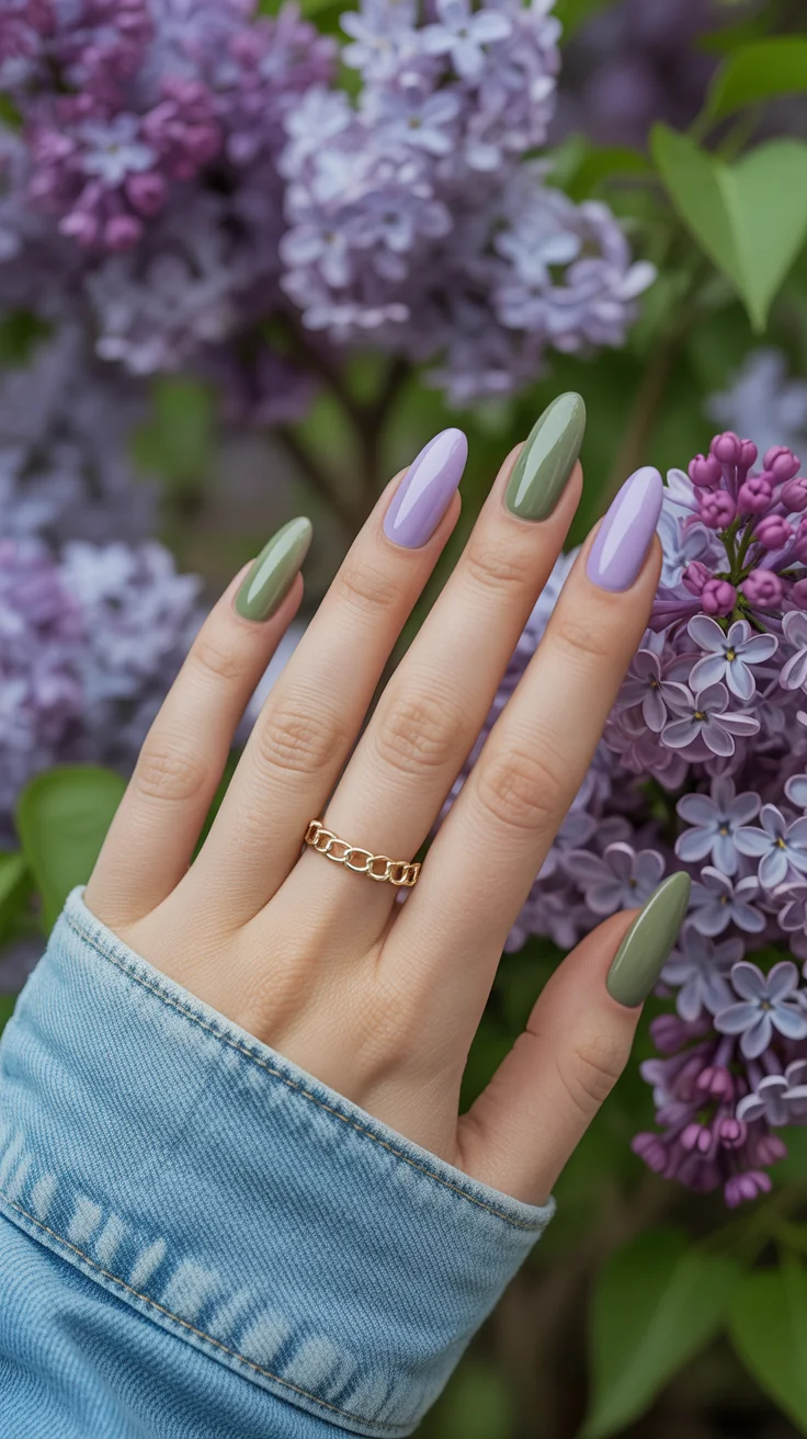 May Nails Ideas 2026 Muted Lilac and Olive Duo That Feels Like a Garden in Bloom