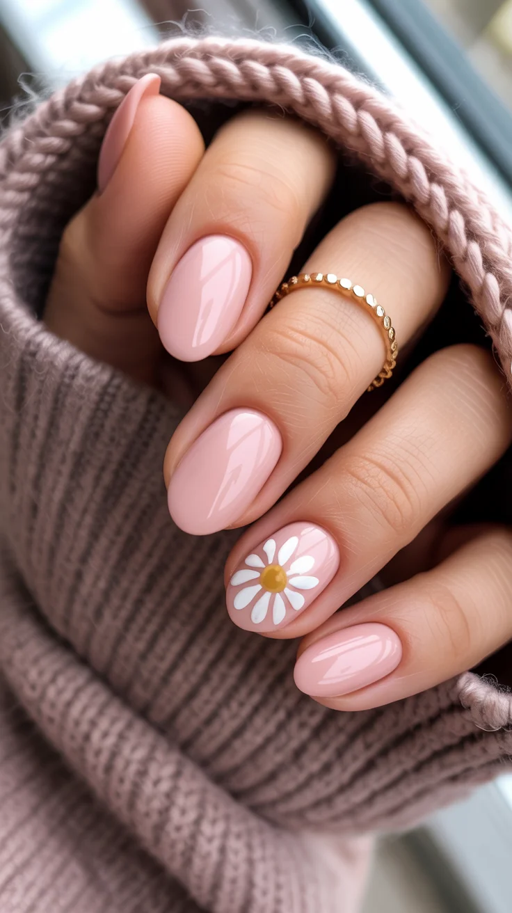 May Nails Ideas 2026 Soft Pink Gloss with a Single Daisy Accent