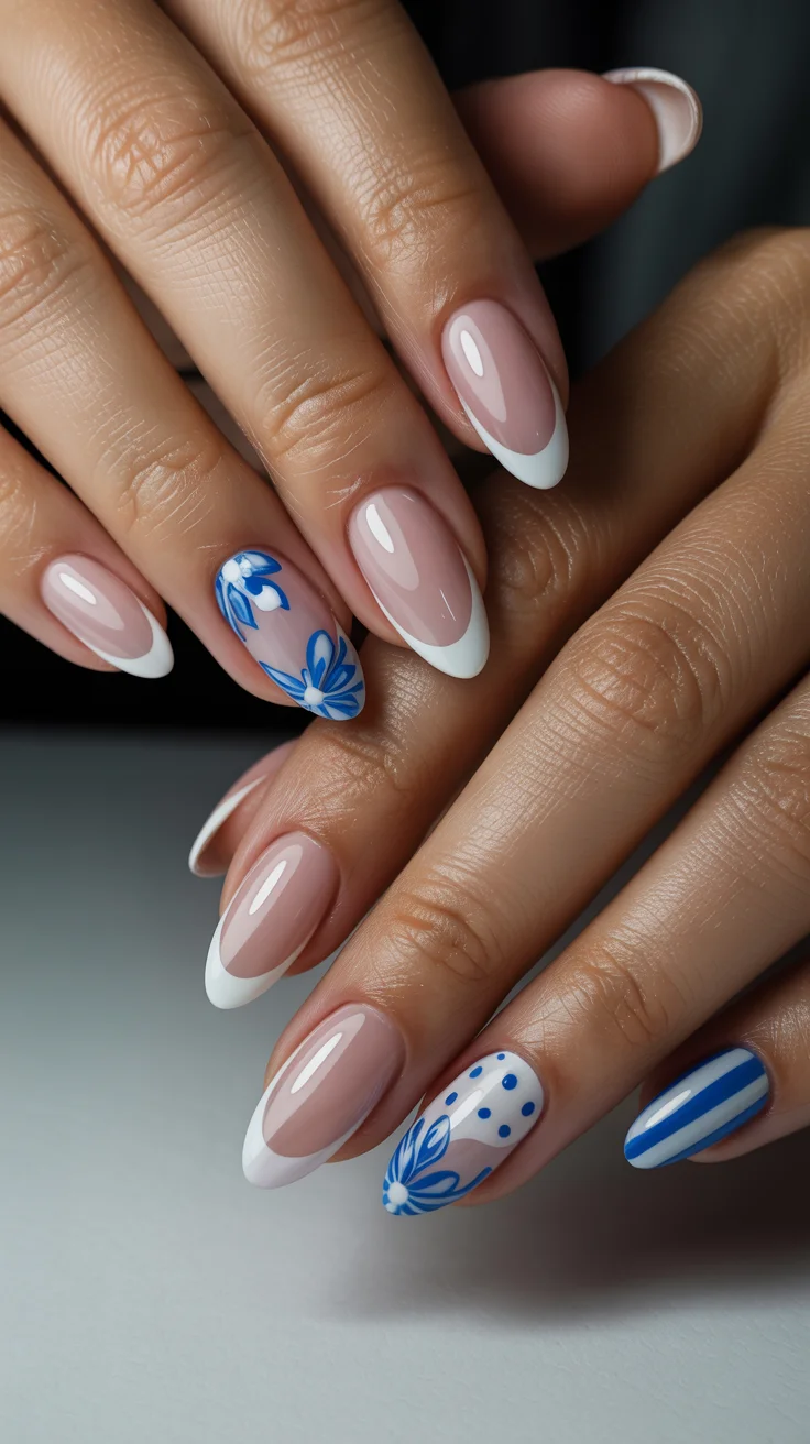 May Nails Ideas 2026 Classic French Meets Blue Graphic Art
