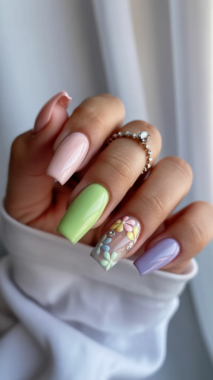 May Nails Ideas 2026 Pastel Block Mix with 3D Floral Details
