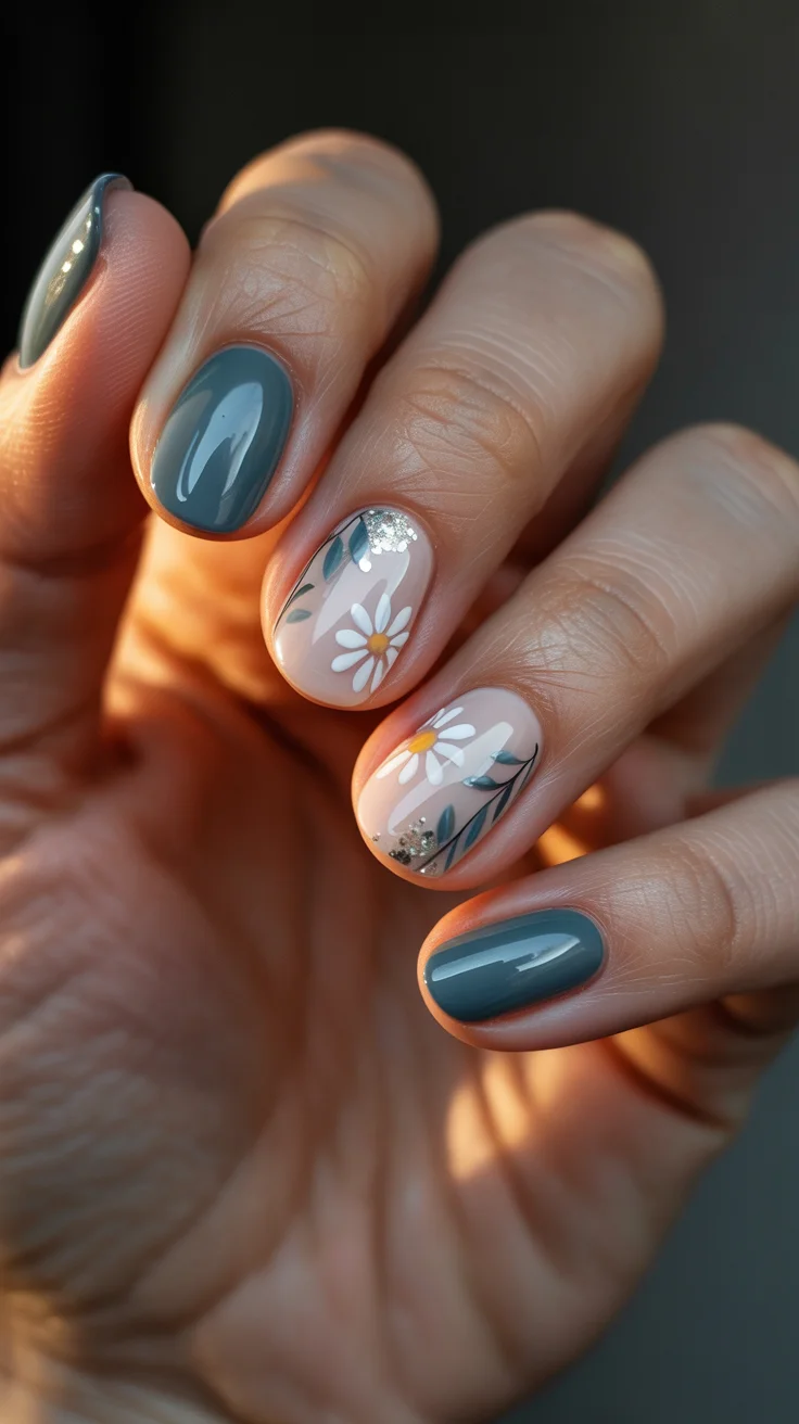 May Nails Ideas 2026 Muted Teal with Delicate Daisy Details