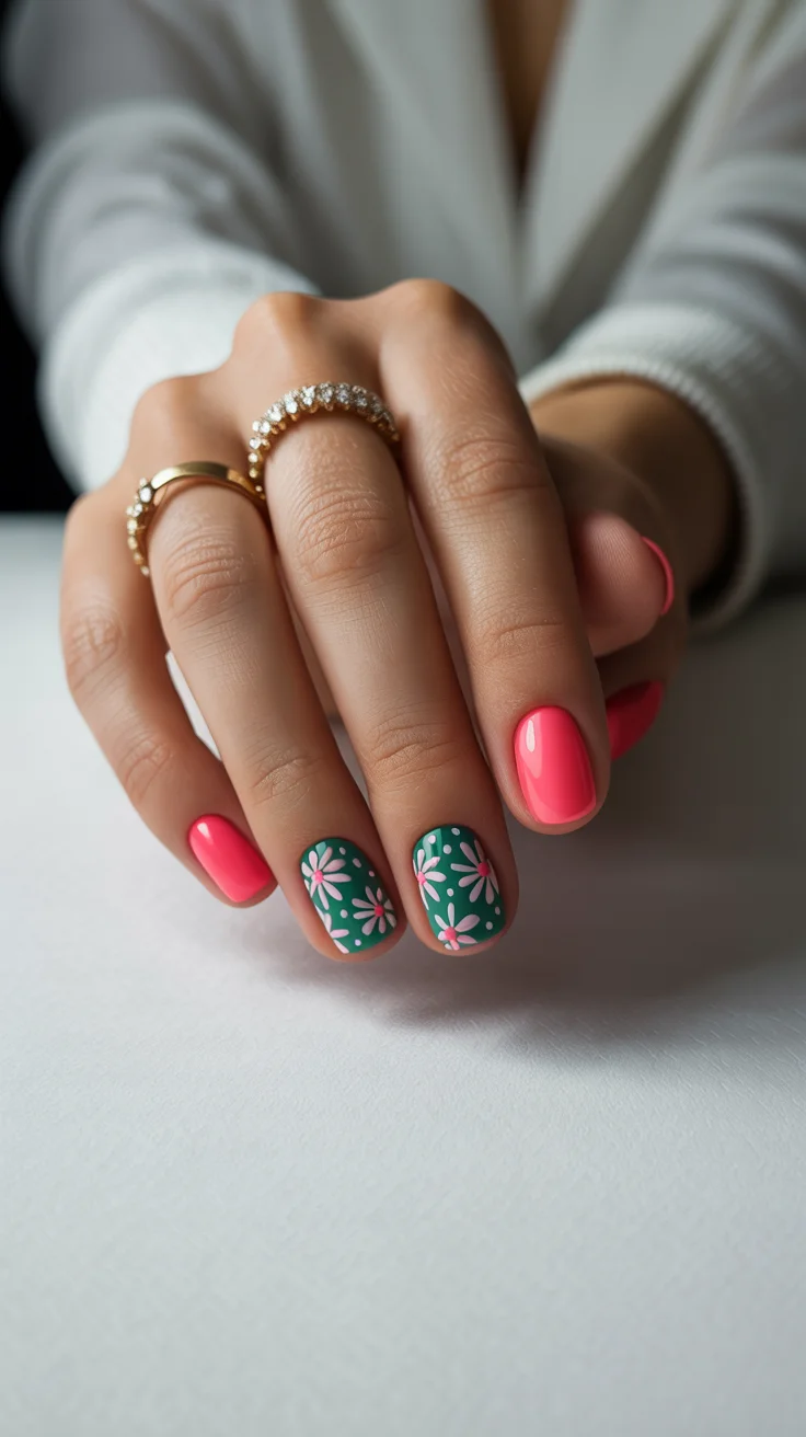 May Nails Ideas 2026 Coral and Green Floral Contrast for a Fresh Pop