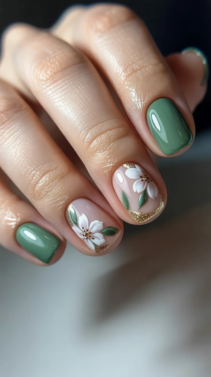 May Nails Ideas 2026 Soft Green Floral with Gold Foil Details